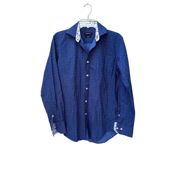 Bugatchi Other - Bugatchi Men's Shaped Fit Blue Micro Dot Floral‎ Trim Cotton Dress/Casual EUC